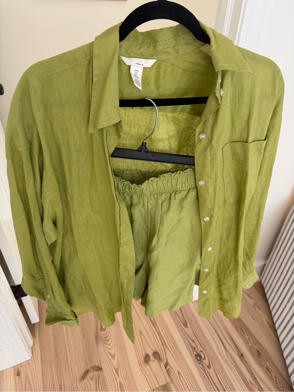 H&M Green Chartreuse linen set - button down & shorts